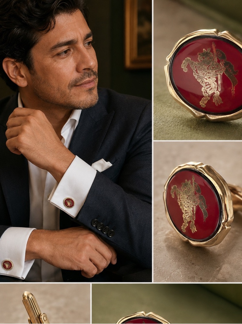 vintage Burberrys Sterling 925 Silver and Gold Red Enamel Horse Cufflinks